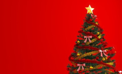 Christmas tree isolated. Traditional green christmas tree with baubles. Christmas tree decorated with star on top, pine cones, festive party ornament on red background. 2026 new year.