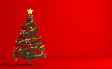 Christmas tree isolated. Traditional green christmas tree with baubles. Christmas tree decorated with star on top, pine cones, festive party ornament on red background. 2026 new year.