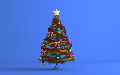 Christmas tree isolated. Traditional green christmas tree with baubles. Christmas tree decorated with star on top, pine cones, blue and gold ball, festive party ornament on white background.