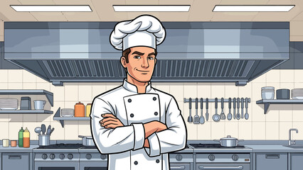 A confident male chef in a white uniform and hat stands with crossed arms in a professional stainless steel kitchen.