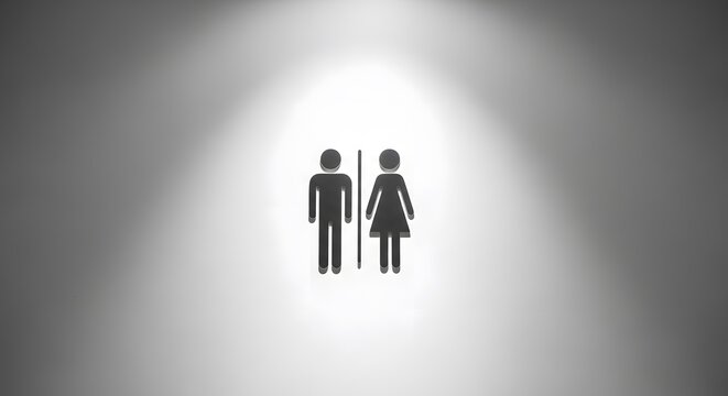 A clean, minimalist black silhouette of male and female restroom icons on a grey wall with soft spotlight. Ideal for interior and public signs. - Powered by Adobe