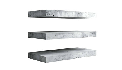 Three stacked rectangular concrete platforms suspended in black space, floating