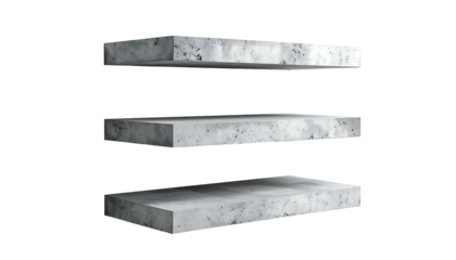 Three stacked rectangular concrete platforms suspended in black space, floating