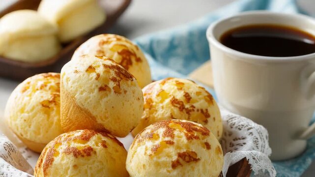 Brazilian cheese bread balls served with a cup of black coffee on a rustic wooden plate