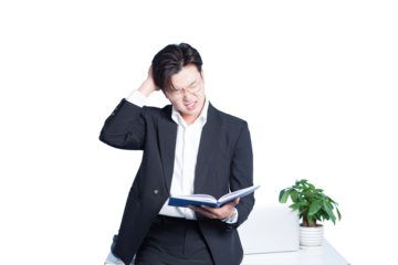 Moment of Doubt: A focused business professional, in a suit, contemplates a document, a furrowed brow and a hand scratching his head, reflecting the weight of complex information or tough decisions