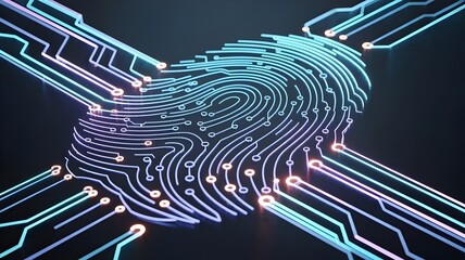 Biometric identity: Fingerprint composed of neon circuit pathways – Perfect for digital security or authentication technology.