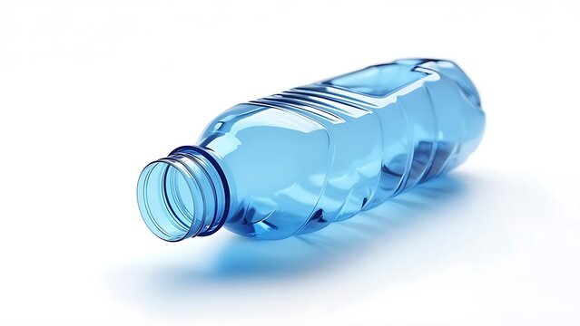 A clear, blue, plastic bottle on a white surface, lying on its side. Bottle has threads and ridges