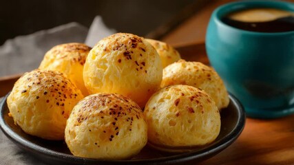 Freshly baked cheese bread rolls served with a cup of hot coffee