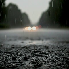 Wet asphalt road with raindrops, car headlights glowing through rain and mist in moody twilight. 