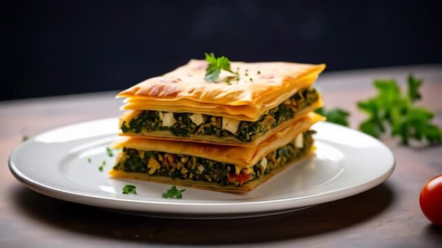 Savory layered pastry filled with spinach and feta cheese, garnished with fresh herbs.