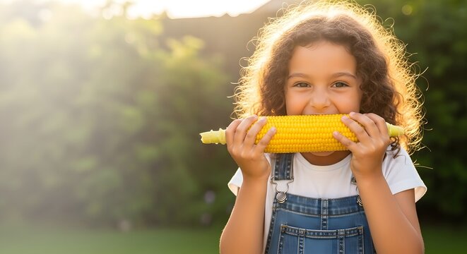 Happy little girl biting into a boiled corn on the cob outdoors for a healthy eating concept and summer joy in golden hour light