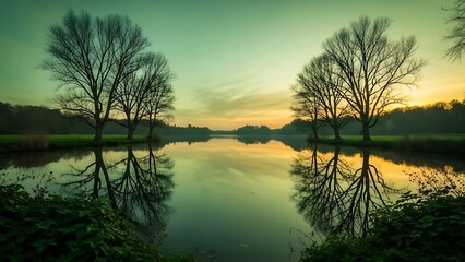 Serene Sunset Over Calm Lake with Silhouetted Trees
