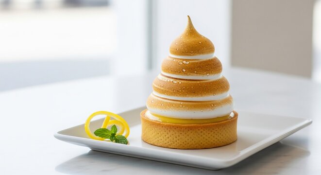 Lemon meringue tartlet dessert with toasted cream swirl and zest garnish on white plate