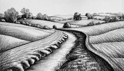 Monochrome Landscape with Winding Field Path.