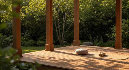 Peaceful outdoor gazebo with a meditation cushion and yoga mat on a sunlit wooden deck, ideal for a health and mindful breathing exercises concept