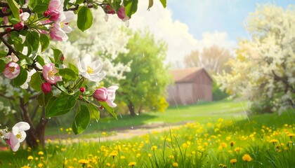 Obraz premium Springtime Countryside Scene with Blossoms.