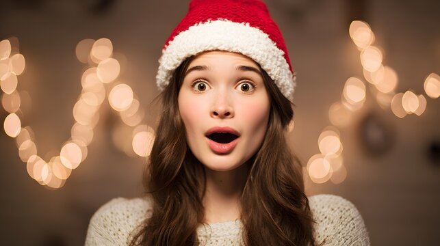 Festive surprise a young woman’s joyful Christmas portrait radiates warm holiday wonder and cozy winter charm - Powered by Adobe