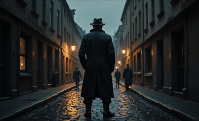 Man in a trench coat stands at the end of a cobblestone street, gazing into a shadowy alleyway lined with old buildings.