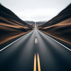 A blurred car speeds down the asphalt highway at night, creating a motion light trail across the horizon as it travels fast along the perspective of the open road