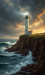 Dramatic lighthouse stands resolute against crashing waves under a stormy sky, offering a beacon of hope amidst nature's power.
