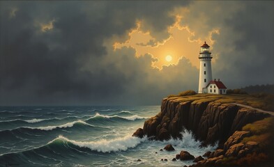 Dramatic seascape captures a lone lighthouse bathed in golden light against a stormy sky and crashing waves.