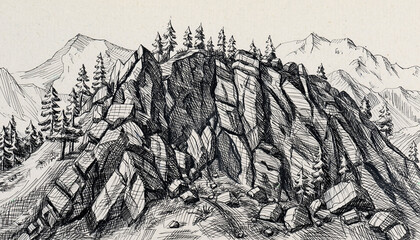 Monumental rocky mountain ridge with pine trees sketch.