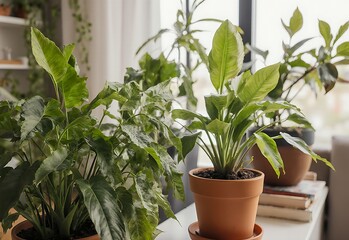 Obraz premium Bright tranquil interior windowsill with potted foliage bringing natural ambiance