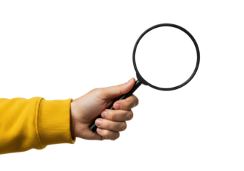 Caucasian hand in a yellow sweatshirt holds a magnifying glass with a blank lens for copy space against a white background. Concept of research and clarity