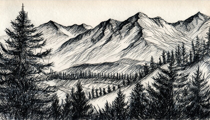 Black and White Mountain Landscape with Pine Trees.