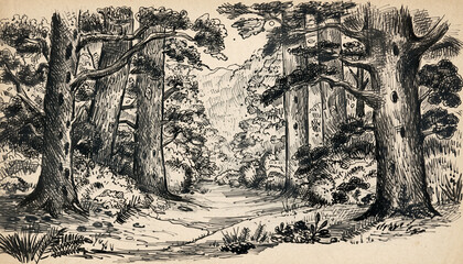 Serene Forest Path Sketch in Monochrome Woodland.