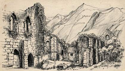 Ancient ruined stone arches amidst rugged mountains.