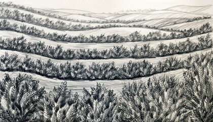 Monochrome Layered Hills with Dense Tree Lines Landscape.