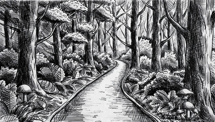 Serene Forest Path Winding Through Misty Trees.