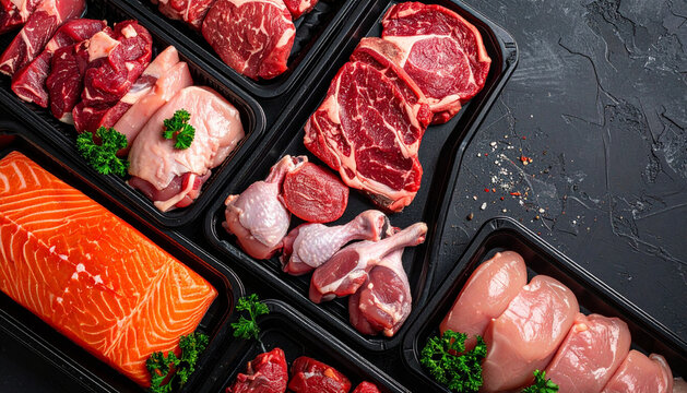 Assortment of fresh raw meat, poultry, and fish neatly arranged in black trays, showcasing a wide selection of premium proteins for healthy meals