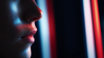 anatomy lighting with extreme close-up on cheekbone and nose bridge in profile, skin texture illuminated by sharp red white and blue stripes, minimalist macro photography