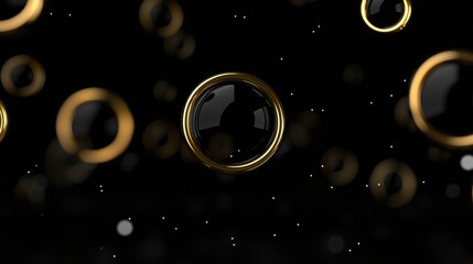A 3D rendering of a black sphere with a gold ring encircling it, set against a black background with scattered gold circles.