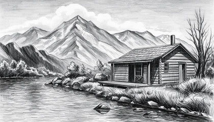 Serene Lakeside Cabin With Mountains In Monochrome.