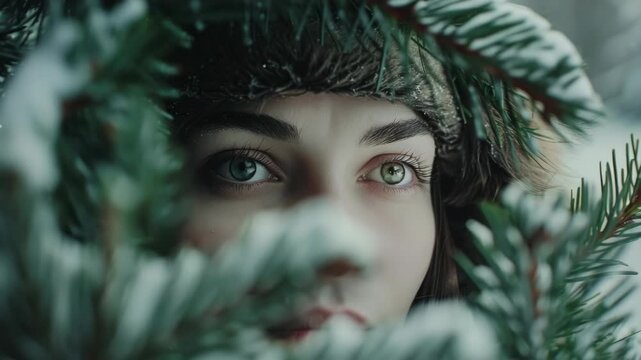 A woman gazes into the distance through snowy branches of a fir tree. Her eyes and face are in focus while the background is blurred.