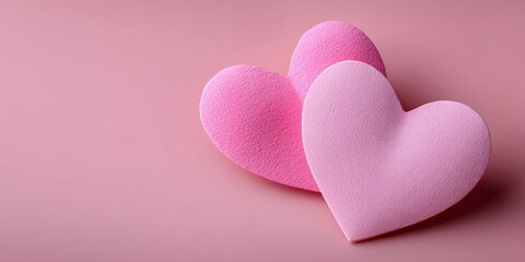 Fototapeta premium Two pink hearts are on a pink background. Concept of love and warmth