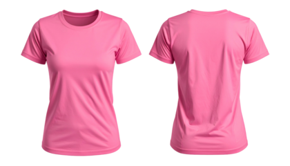 Front and back views of a plain, short-sleeved, pink t-shirt isolated on a black background