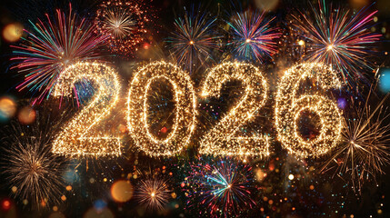 Shimmering golden numerals 2026 amidst a burst of colorful fireworks, symbolizing a vibrant start to the year and festive celebrations.