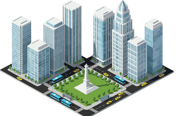 Isometric 3D city center with modern skyscrapers obelisk monument green public park buses and yellow taxis urban landscape. © MstBobita