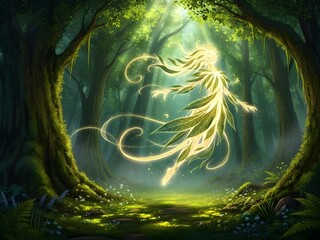 Ethereal Nature Spirit Floating in Sunlit Enchanted Forest with Glowing Light and Lush Greenery for Fantasy and Environmental Concepts