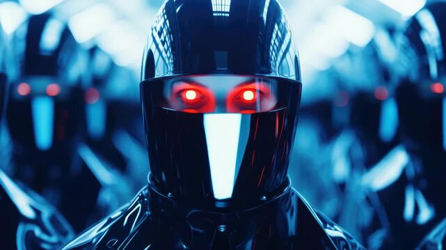 This features a robot with an intense gaze set against the backdrop of a high-tech environment. The robot's red eyes stand out, hinting at advanced technology and artificial intelligence