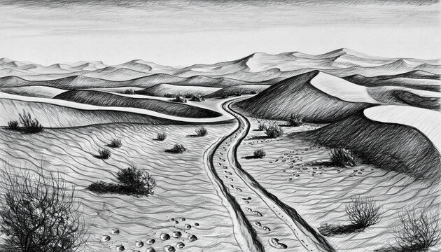Monochrome Landscape with Winding Path and Dunes.