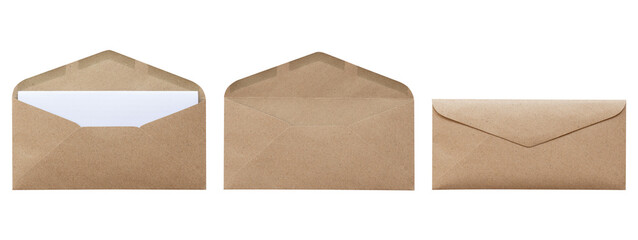 Brown envelope and a paper card are inside the envelope  isolated on white background. Letter top view. Object with clipping path
