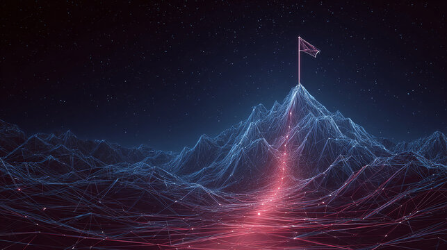 A digitally rendered mountain range under a star-filled sky, with a flag marking the peak, symbolizes achievement and overcoming obstacles.