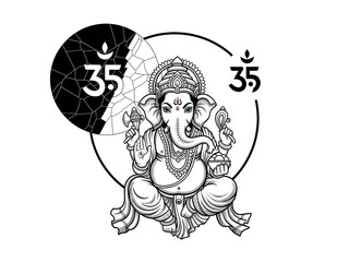 Ganesha Sitting with Om Symbol in Stylized Black and White Illustration for Spiritual and Cultural Design with Copy Space