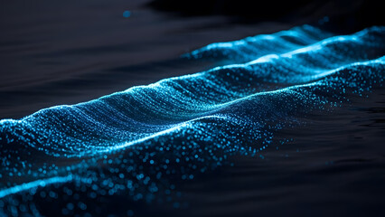 Blue sparkling particle wave flowing across dark surface like digital energy ocean