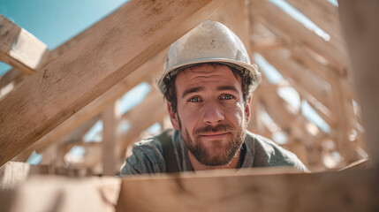 A focused construction worker wearing a safety helmet, framed by wooden beams under a clear blue sky, embodying construction and hard work.
